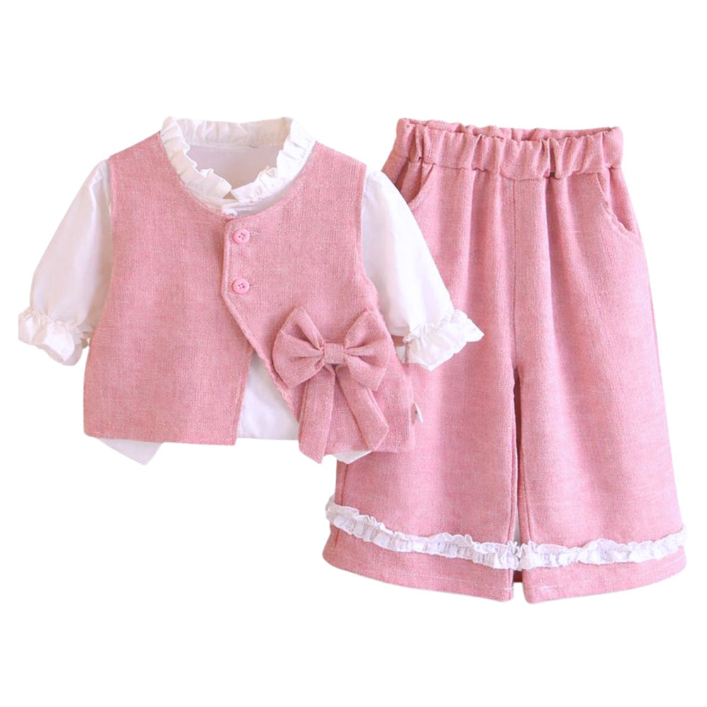 3 Pcs Set Pink Side Bow Jacket,Shirt & Matching Pants Partywear set for Girls
