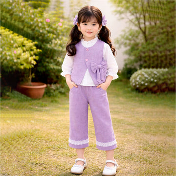 3 Pcs Set Purple Bow Jacket, Shirt & Matching Pants Partywear set for Girls