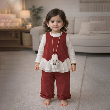 3 Pcs Set,Red Frilly Layered Top,White T-shirt with Frill Pants Partywear set for Girls