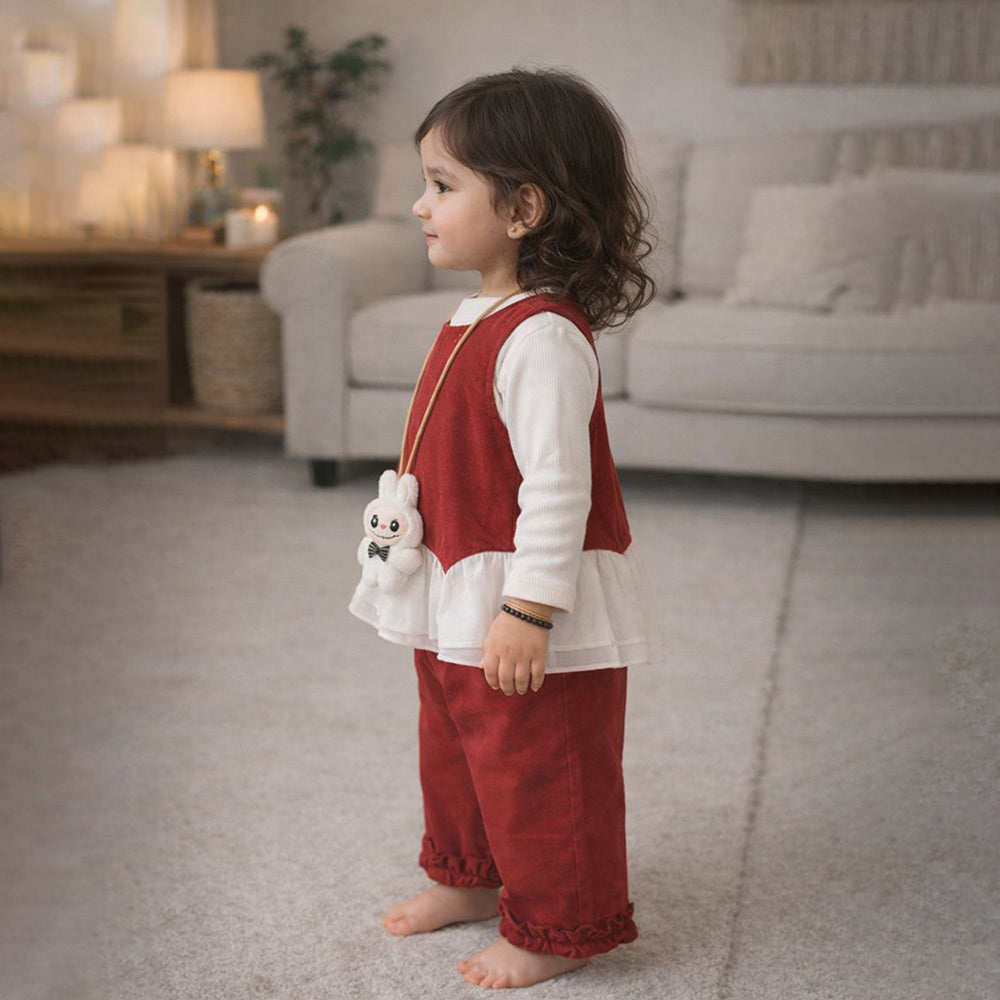 3 Pcs Set,Red Frilly Layered Top,White T-shirt with Frill Pants Partywear set for Girls