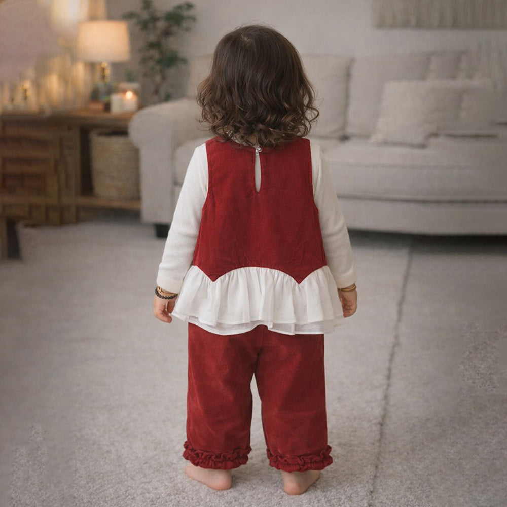 3 Pcs Set,Red Frilly Layered Top,White T-shirt with Frill Pants Partywear set for Girls