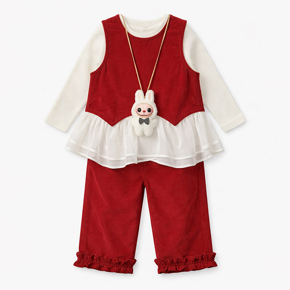 3 Pcs Set,Red Frilly Layered Top,White T-shirt with Frill Pants Partywear set for Girls