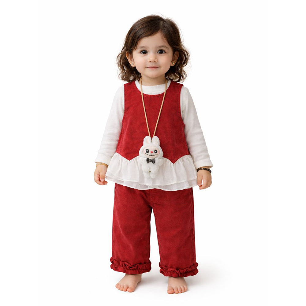 3 Pcs Set,Red Frilly Layered Top,White T-shirt with Frill Pants Partywear set for Girls