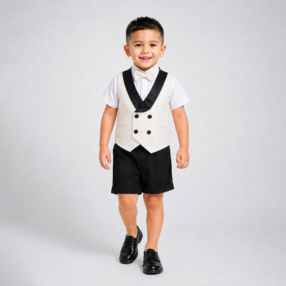 Cream Shiny Waistcoat White Shirt & Black Shorts 3 Pcs Suspender with Bow Tie Partywear for Boys