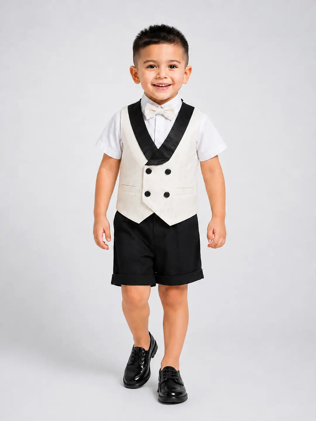 Cream Shiny Waistcoat White Shirt & Black Shorts 3 Pcs Suspender with Bow Tie Partywear for Boys