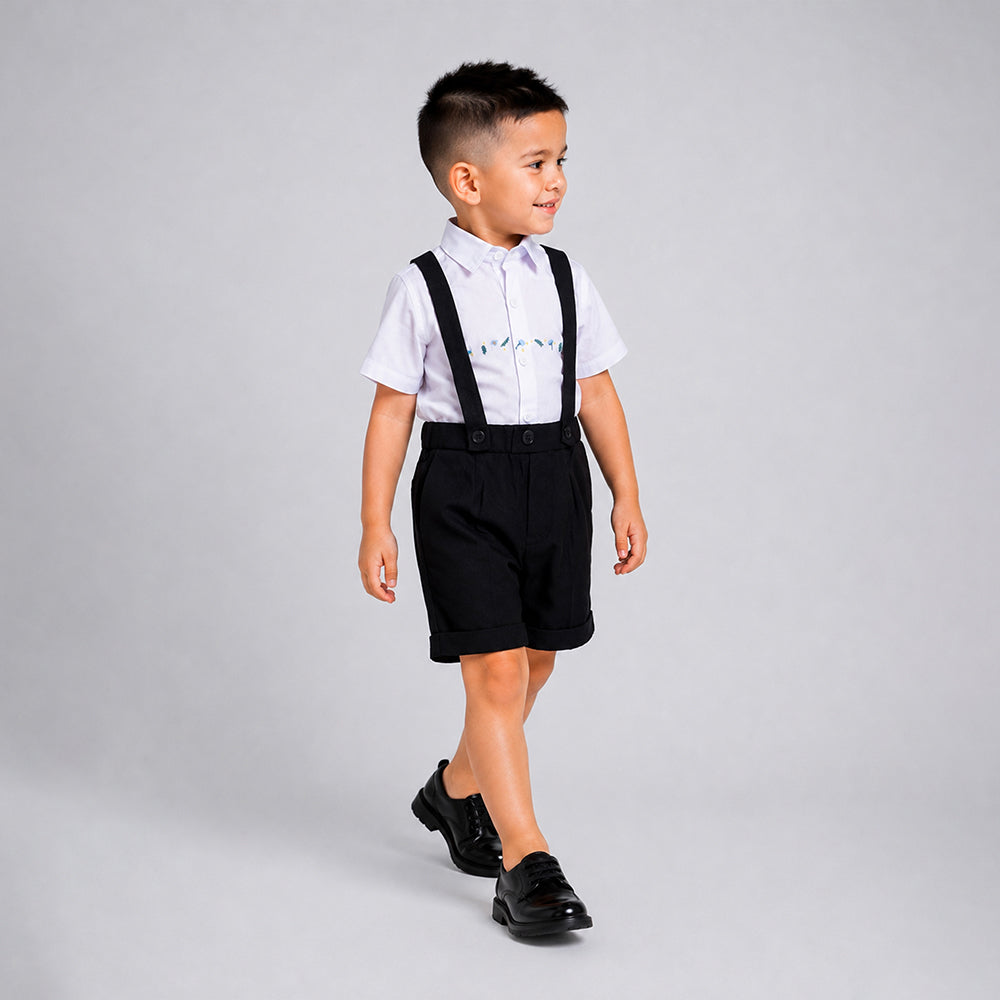 Cream Shiny Waistcoat White Shirt & Black Shorts 3 Pcs Suspender with Bow Tie Partywear for Boys