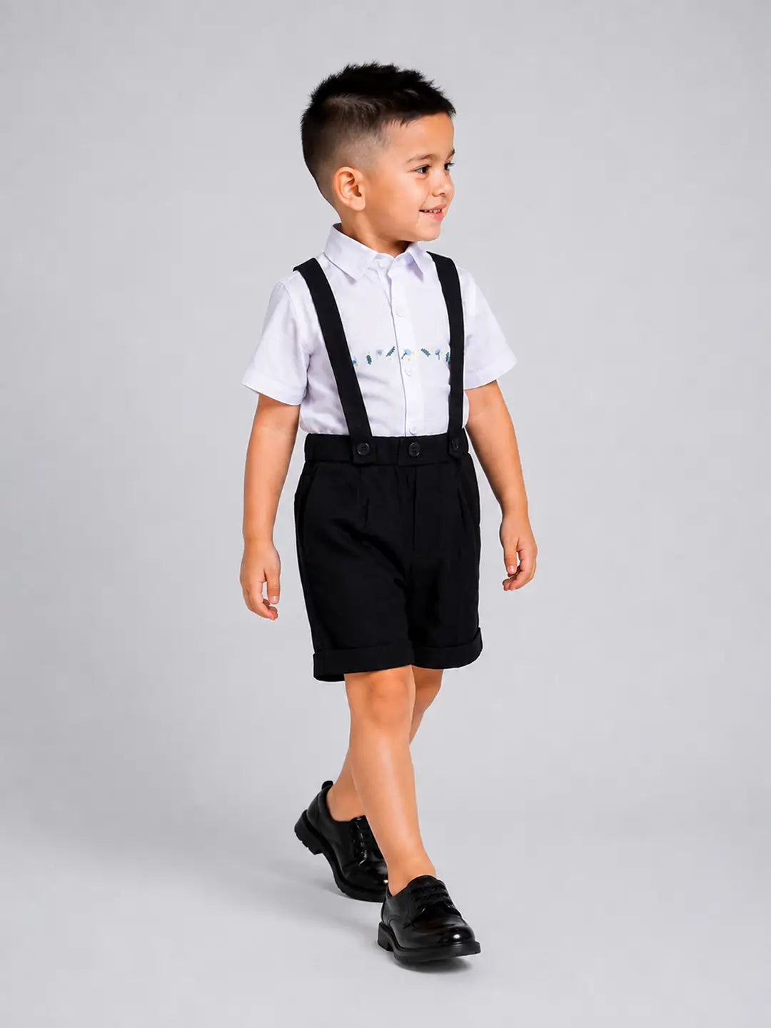 Cream Shiny Waistcoat White Shirt & Black Shorts 3 Pcs Suspender with Bow Tie Partywear for Boys