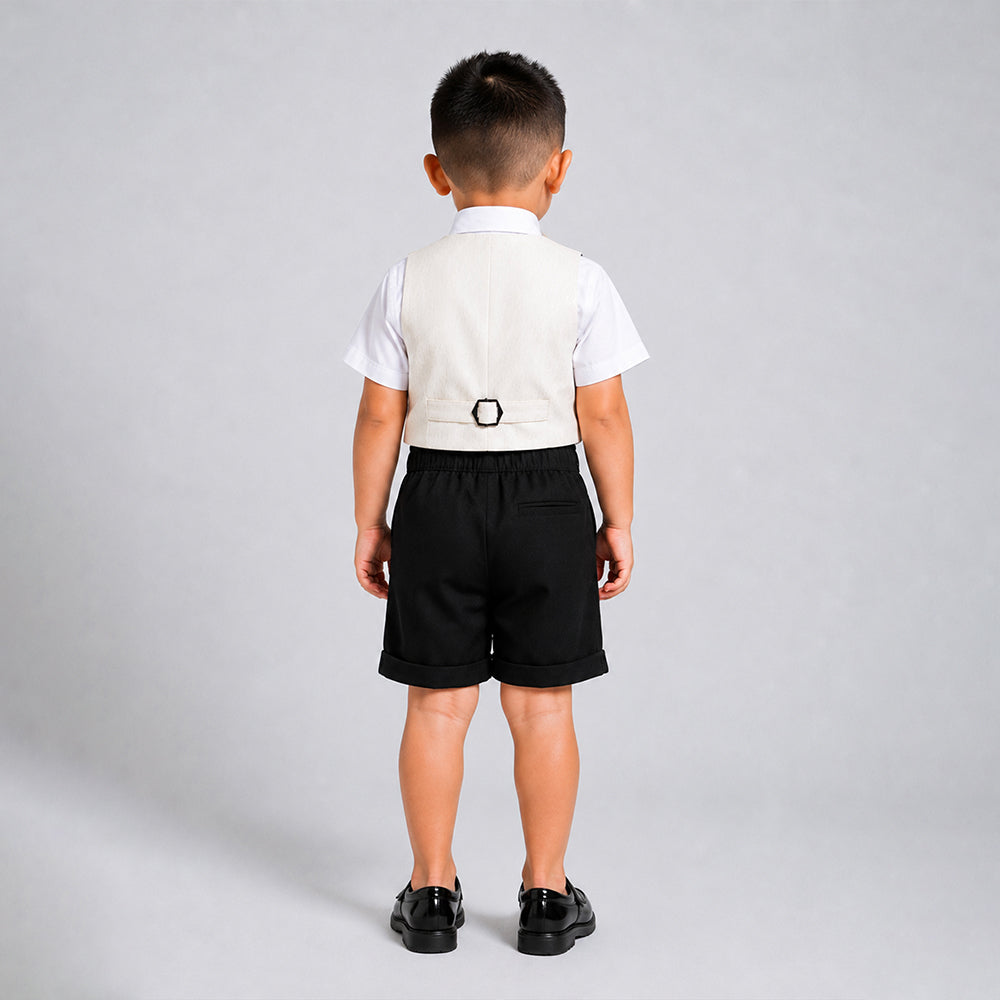 Cream Shiny Waistcoat White Shirt & Black Shorts 3 Pcs Suspender with Bow Tie Partywear for Boys
