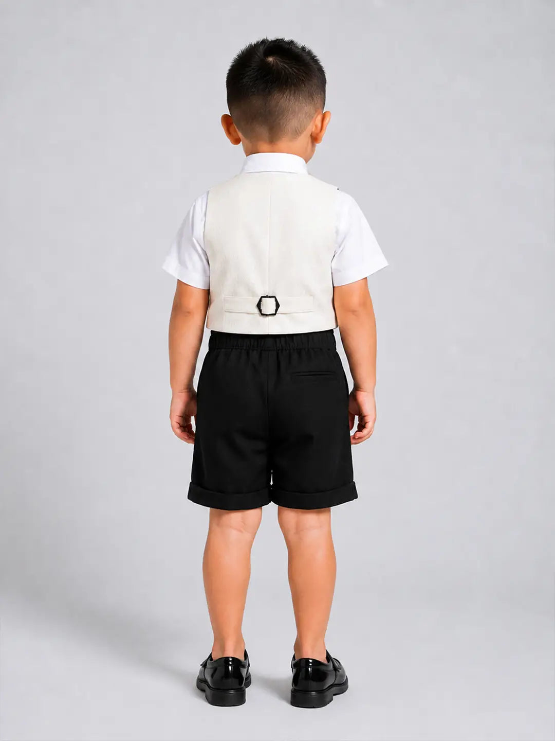 Cream Shiny Waistcoat White Shirt & Black Shorts 3 Pcs Suspender with Bow Tie Partywear for Boys