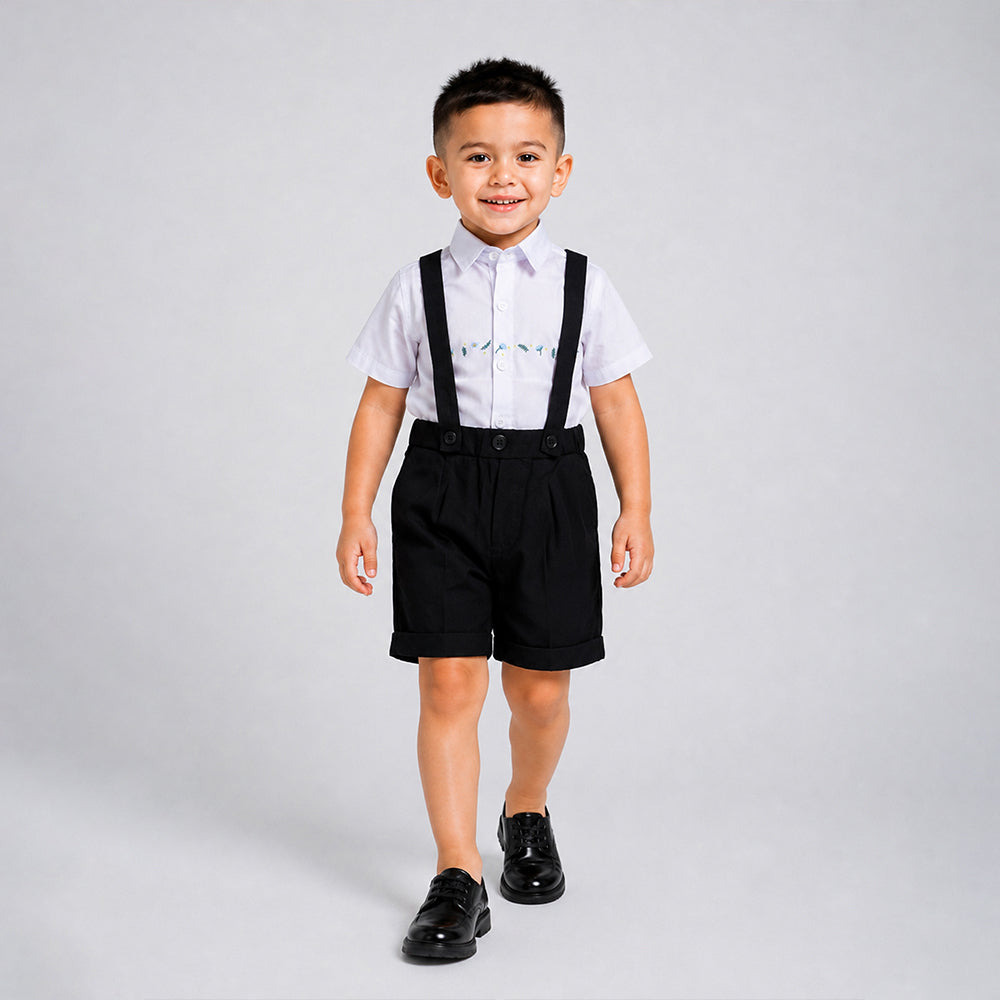 Cream Shiny Waistcoat White Shirt & Black Shorts 3 Pcs Suspender with Bow Tie Partywear for Boys