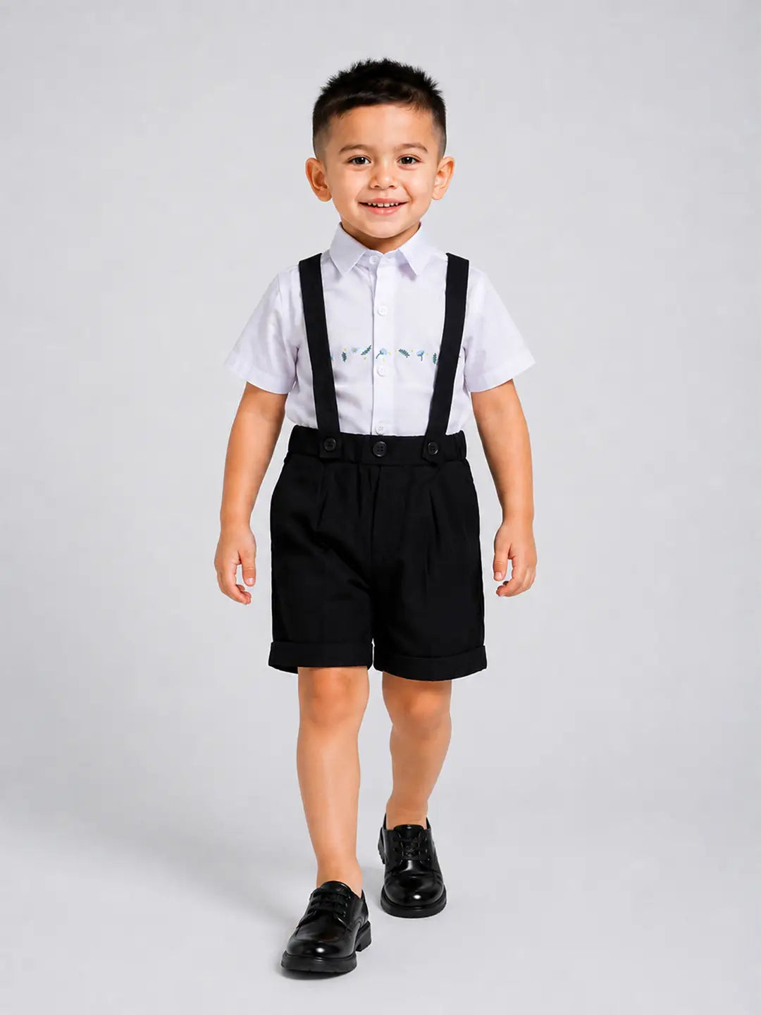 Cream Shiny Waistcoat White Shirt & Black Shorts 3 Pcs Suspender with Bow Tie Partywear for Boys