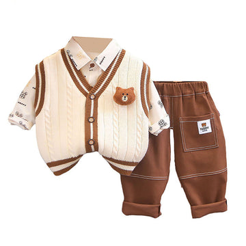 3 Pcs Set Cream Teddy Knitted Sweater Shirt And Pants Set For Toddler And Kids Winter And All Season Wear