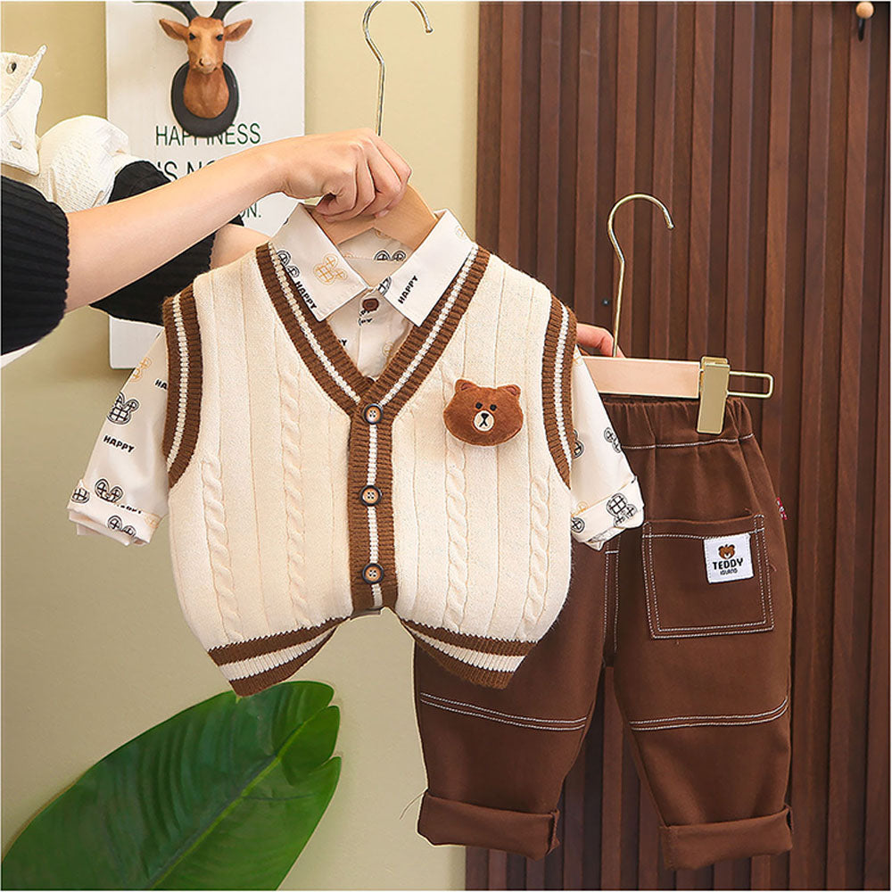 3 Pcs Set Cream Teddy Knitted Sweater Shirt And Pants Set For Toddler And Kids Winter And All Season Wear