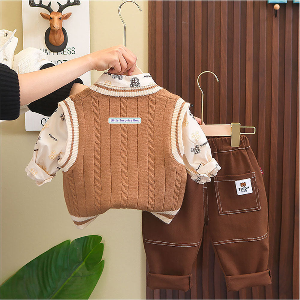 3 Pcs Set Cream Teddy Knitted Sweater Shirt And Pants Set For Toddler And Kids Winter And All Season Wear