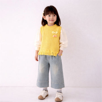 3 Pcs Set,Yellow Pom-pom Knitted Vest,T-shirt & Denims for Kids
