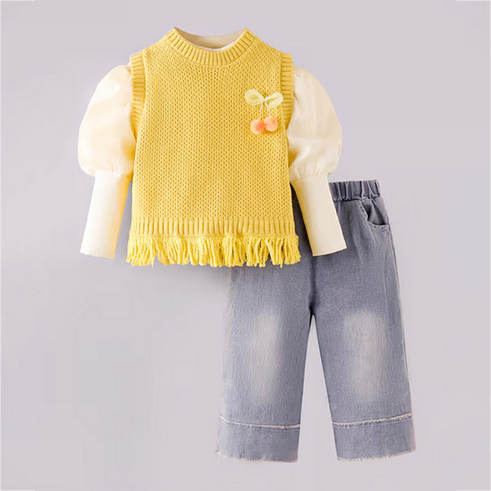 3 Pcs Set,Yellow Pom-pom Knitted Vest,T-shirt & Denims for Kids