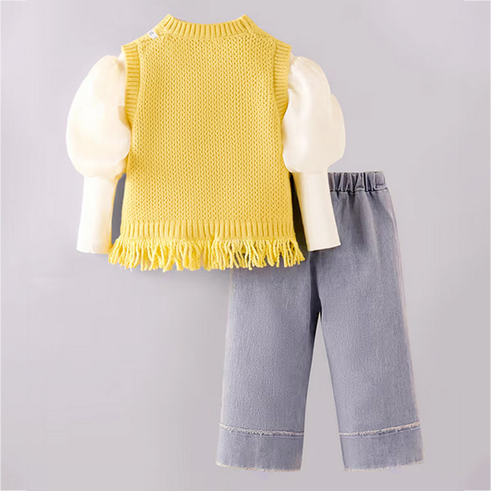 3 Pcs Set,Yellow Pom-pom Knitted Vest,T-shirt & Denims for Kids