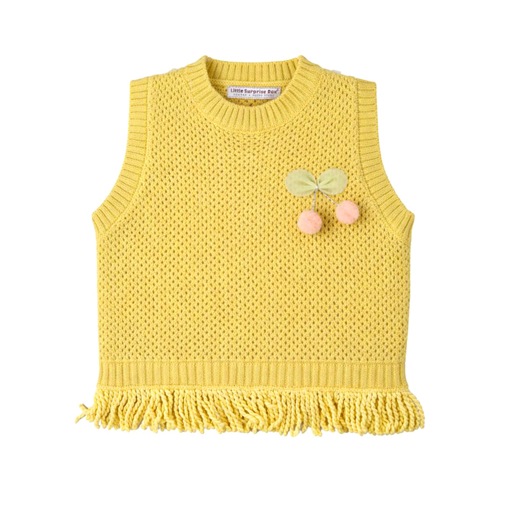 3 Pcs Set,Yellow Pom-pom Knitted Vest,T-shirt & Denims for Kids