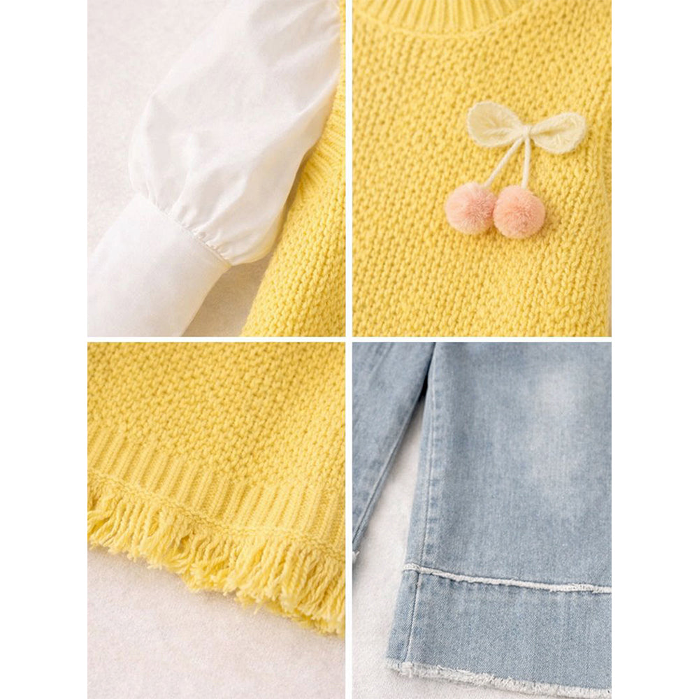3 Pcs Set,Yellow Pom-pom Knitted Vest,T-shirt & Denims for Kids