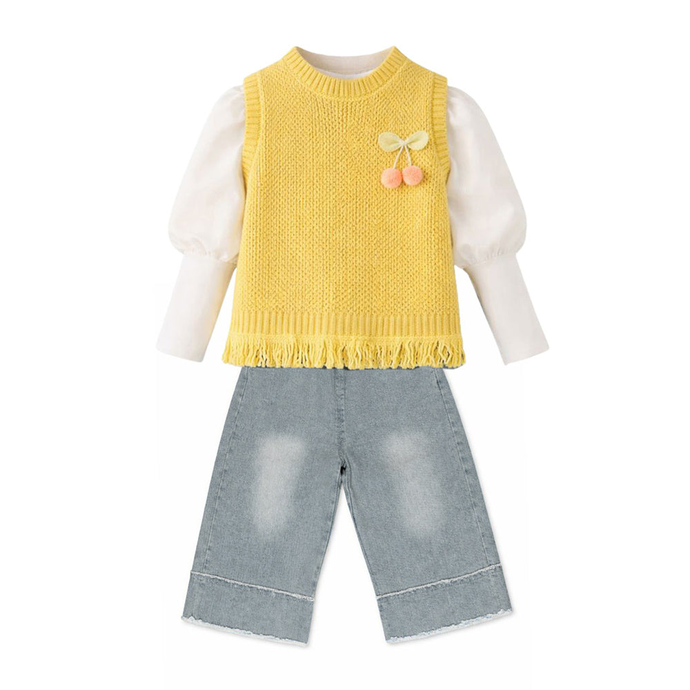 3 Pcs Set,Yellow Pom-pom Knitted Vest,T-shirt & Denims for Kids