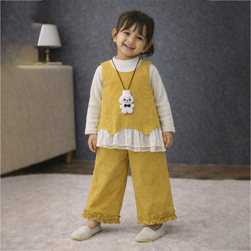 3 Pcs Set,Yellow Layered Top,White T-shirt with Frill Pants Partywear set for Girls