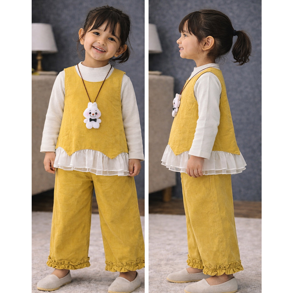 3 Pcs Set,Yellow Layered Top,White T-shirt with Frill Pants Partywear set for Girls