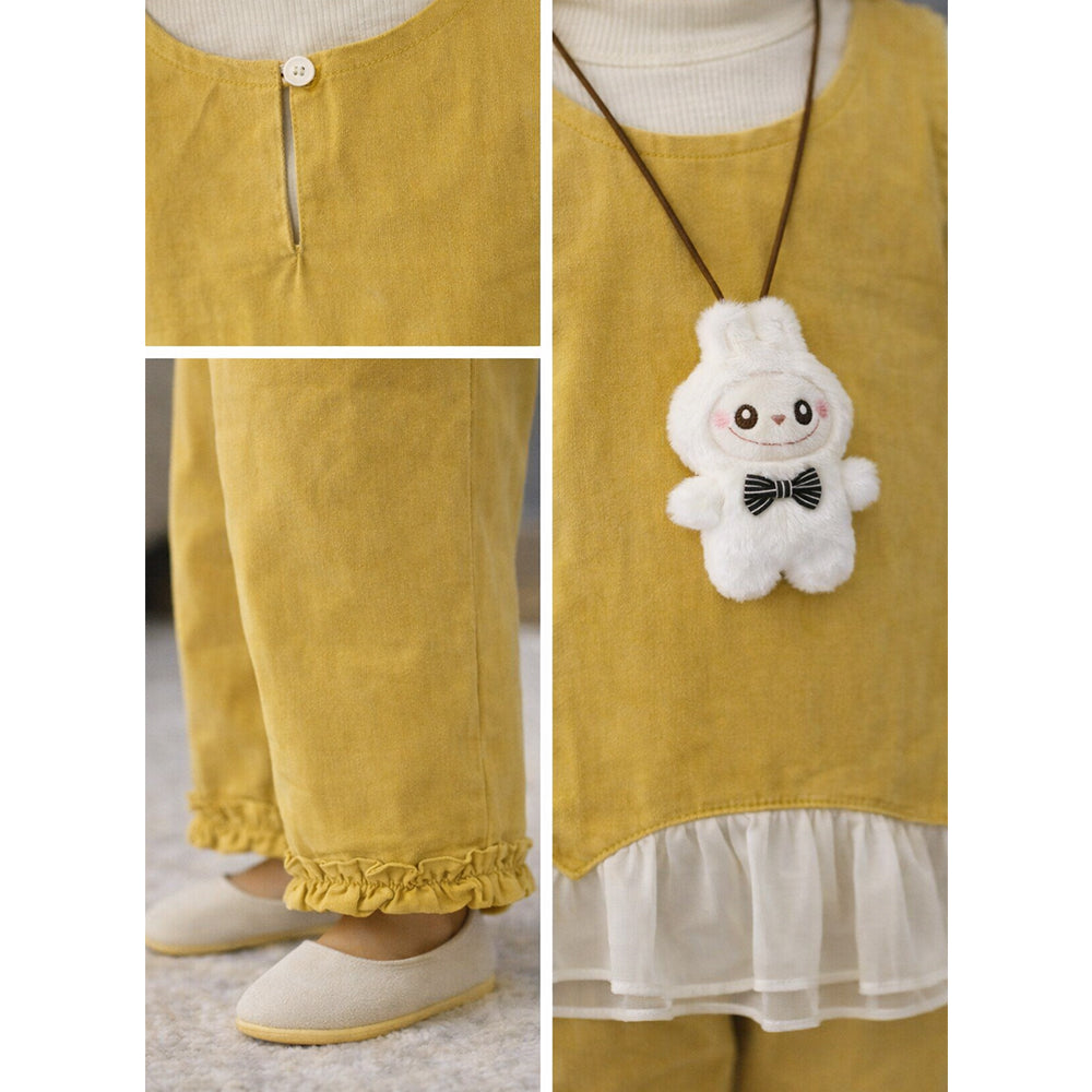3 Pcs Set,Yellow Layered Top,White T-shirt with Frill Pants Partywear set for Girls