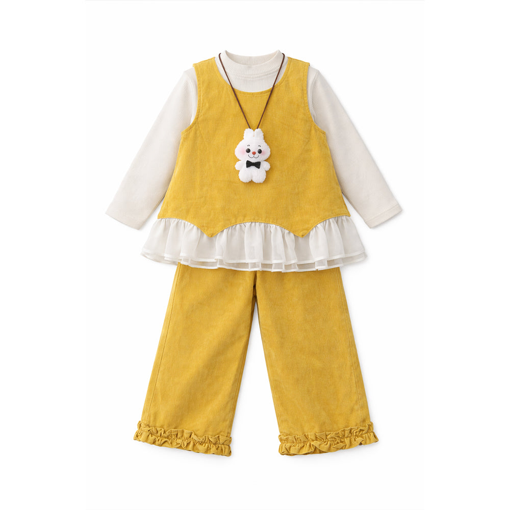 3 Pcs Set,Yellow Layered Top,White T-shirt with Frill Pants Partywear set for Girls