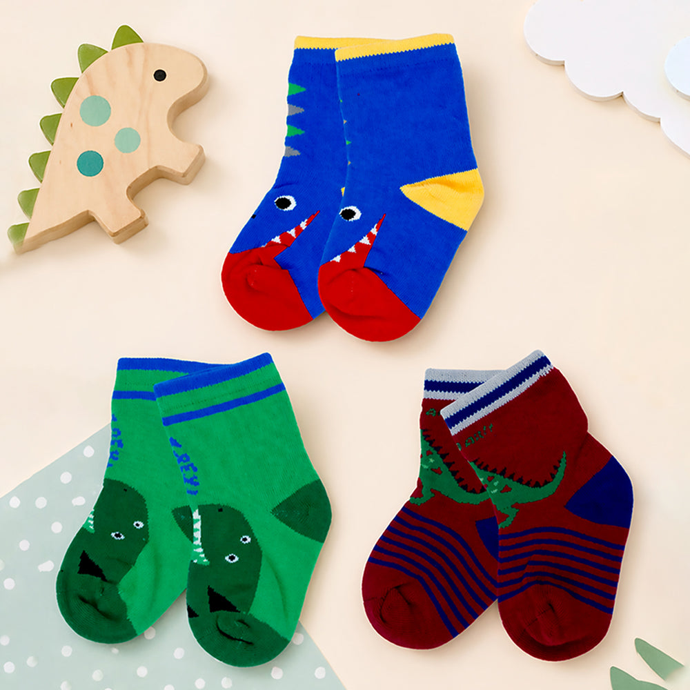 3pcs Big Face Animal print Blue, Maroon & Green Socks set for kids, 2-4yrs