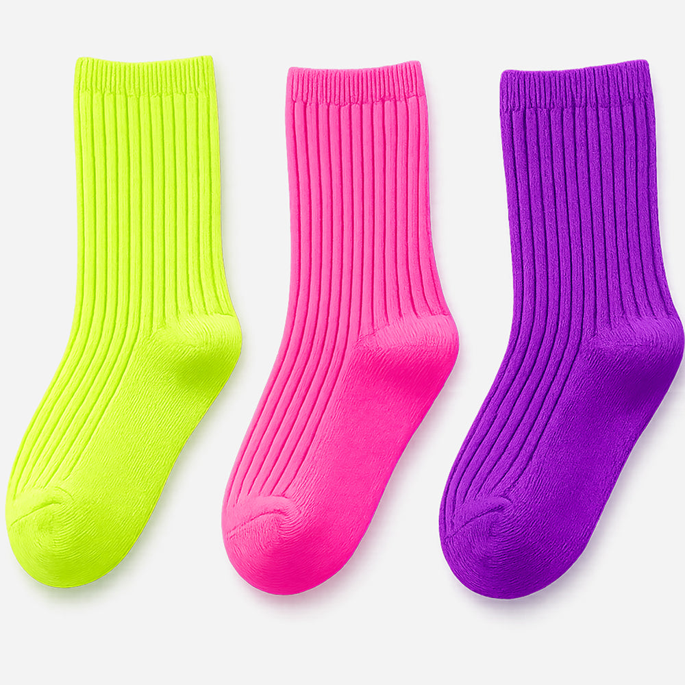 3pcs Fluoroscent Green, Violet, Pink Socks set for kids, 2yrs - 5yrs
