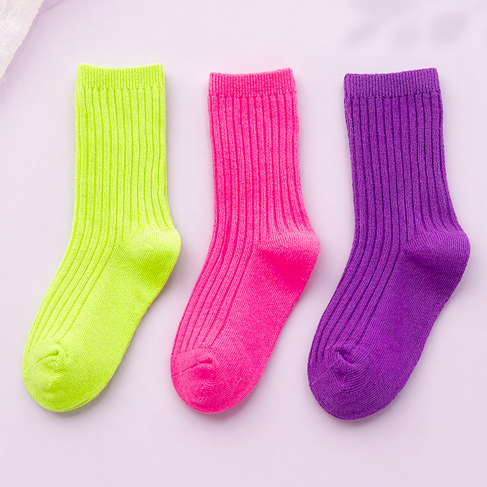3pcs Fluoroscent Green, Violet, Pink Socks set for kids, 2yrs - 5yrs