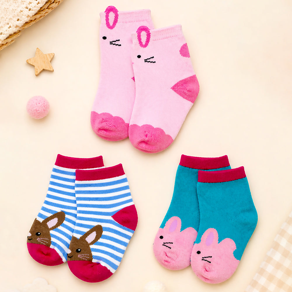 3pcs Ears Animal print Red Border & Pink Socks set for kids, 2-4yrs