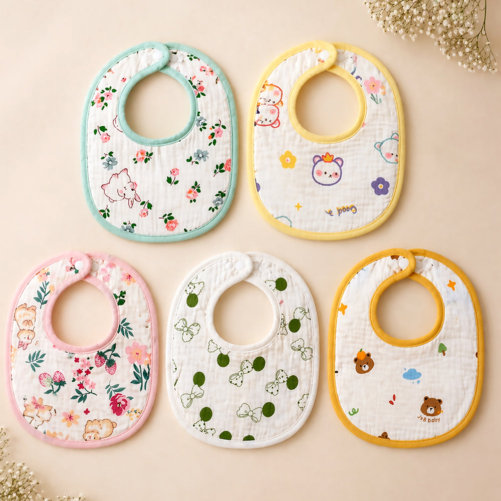5PCS Set Woodland assorted Print Soft Muslin Adjustable Button Closure set
