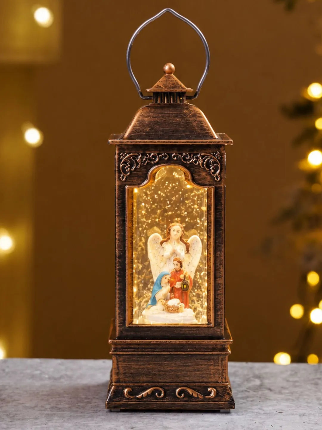 Angel with Holy Family Antique Lantern with Musical Glitter Water and Lights, Christmas Home Décor