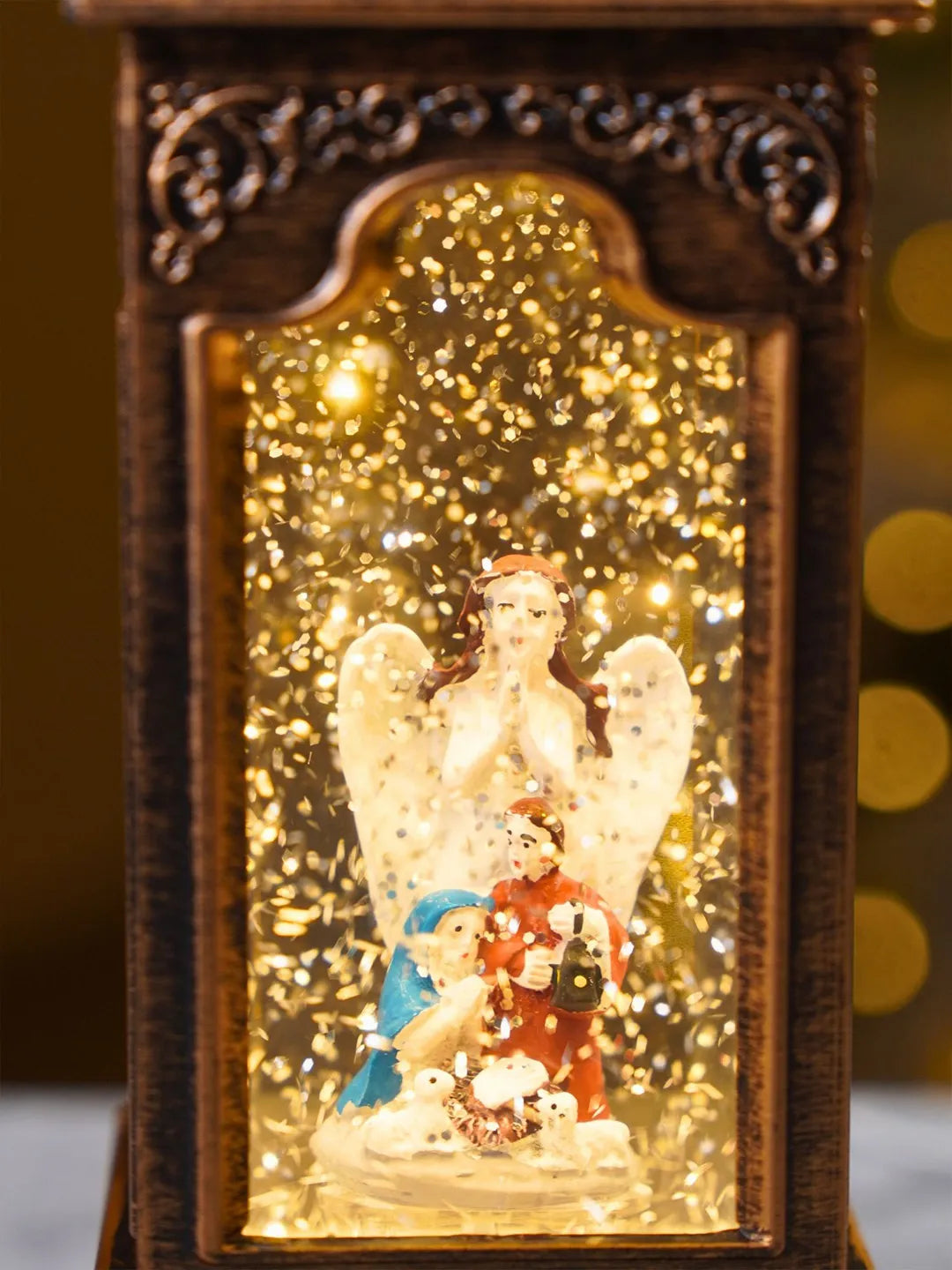 Angel with Holy Family Antique Lantern with Musical Glitter Water and Lights, Christmas Home Décor