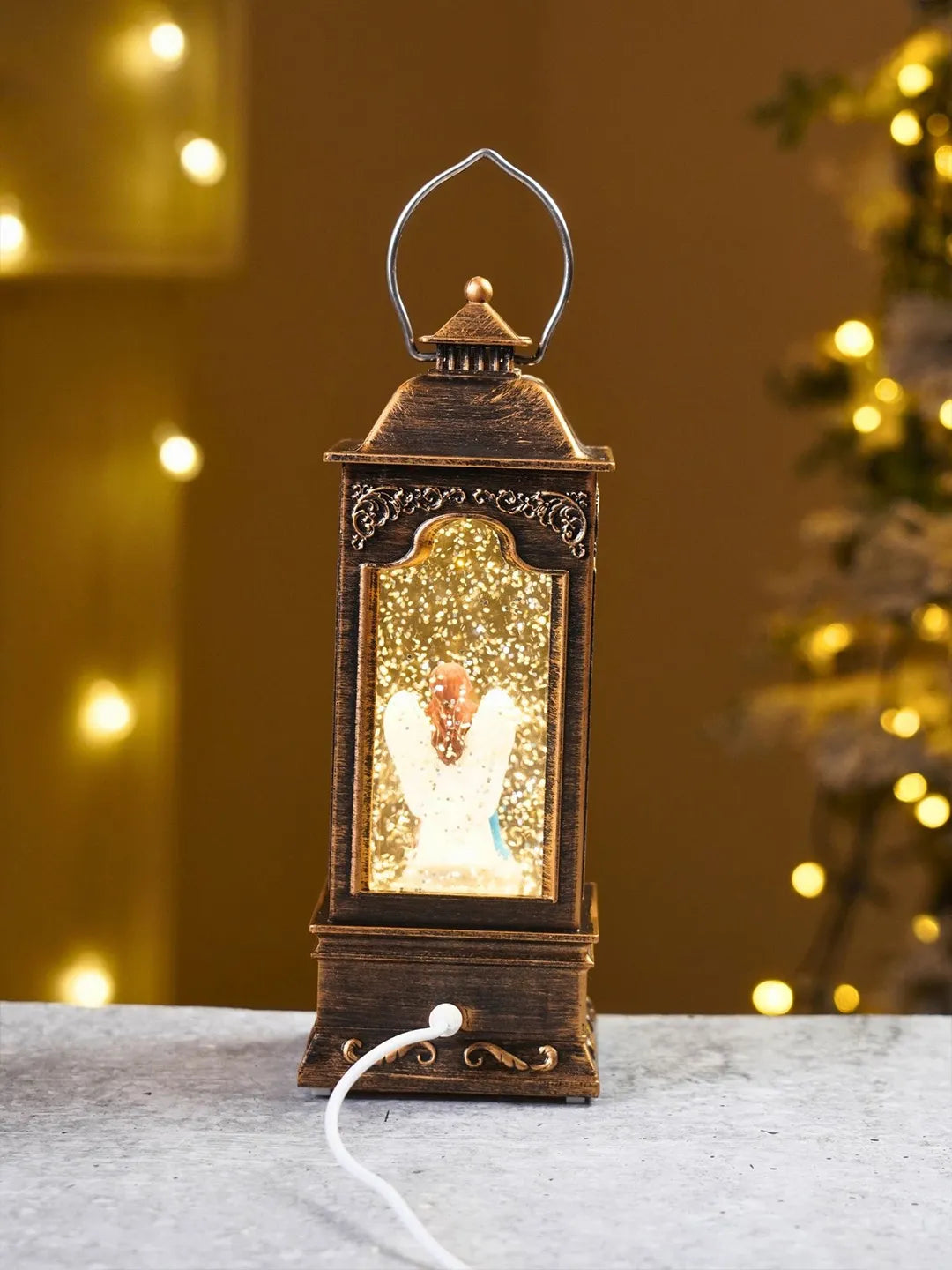 Angel with Holy Family Antique Lantern with Musical Glitter Water and Lights, Christmas Home Décor