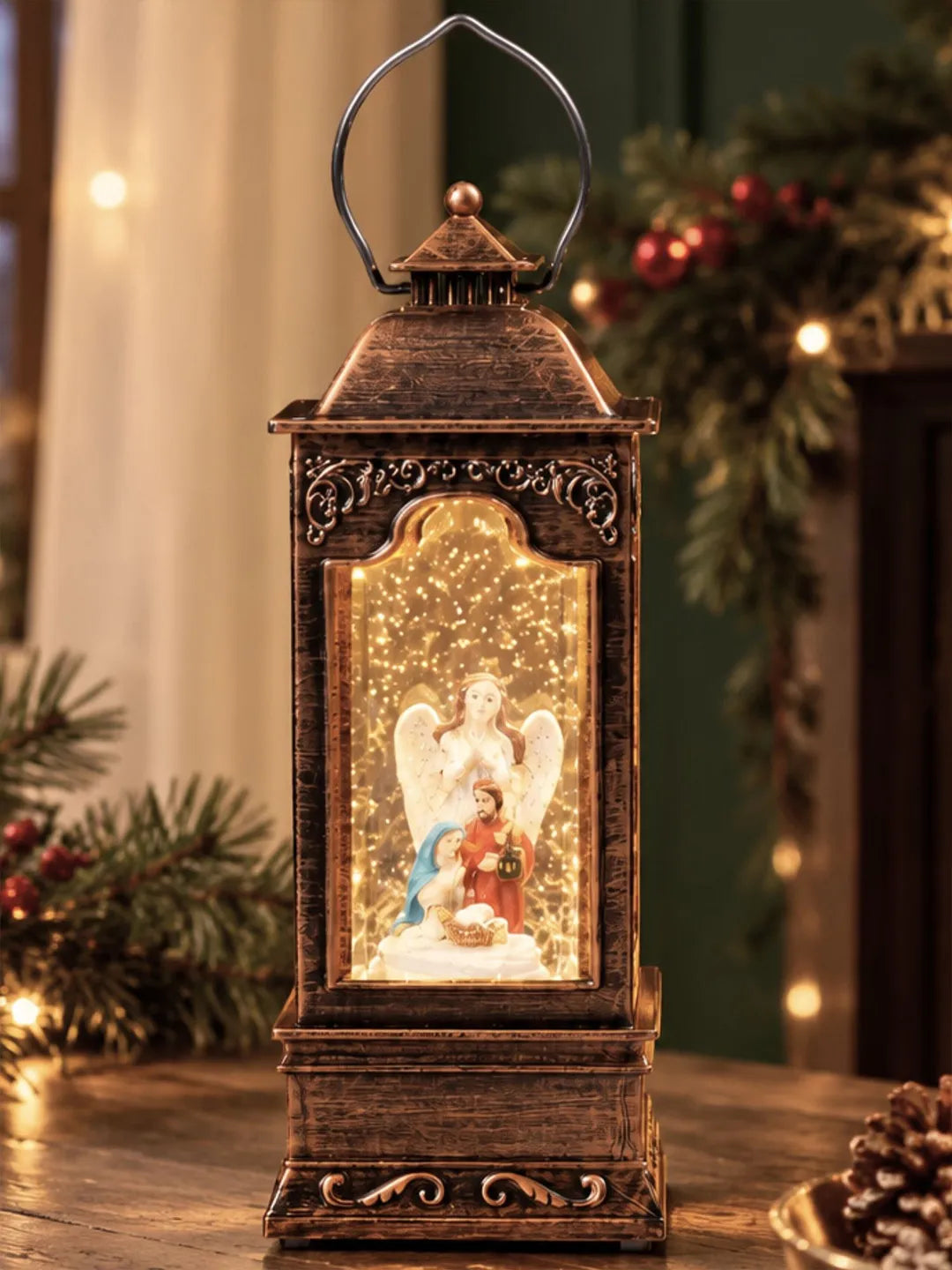 Angel with Holy Family Antique Lantern with Musical Glitter Water and Lights, Christmas Home Décor