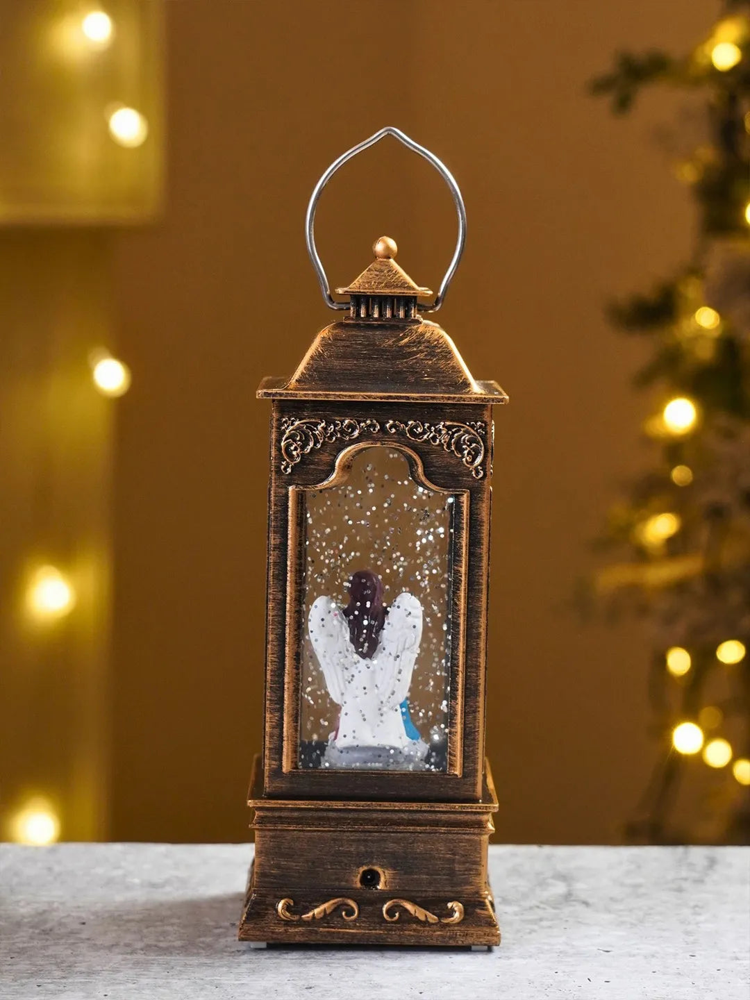 Angel with Holy Family Antique Lantern with Musical Glitter Water and Lights, Christmas Home Décor