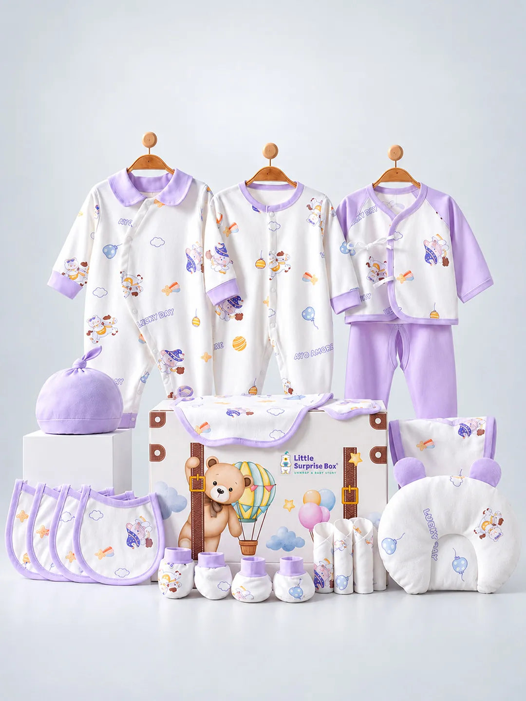 21 pcs Teddy Horse Riding Newborn Baby Girl/ Boy Gift Box All Season Wear Hamper(0 - 6 months)