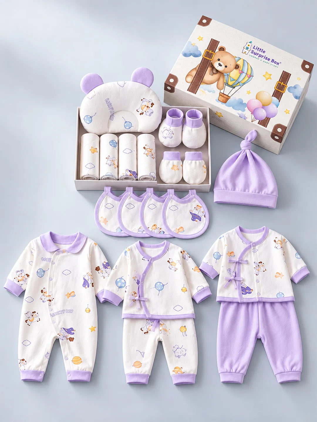 21 pcs Teddy Horse Riding Newborn Baby Girl/ Boy Gift Box All Season Wear Hamper(0 - 6 months)