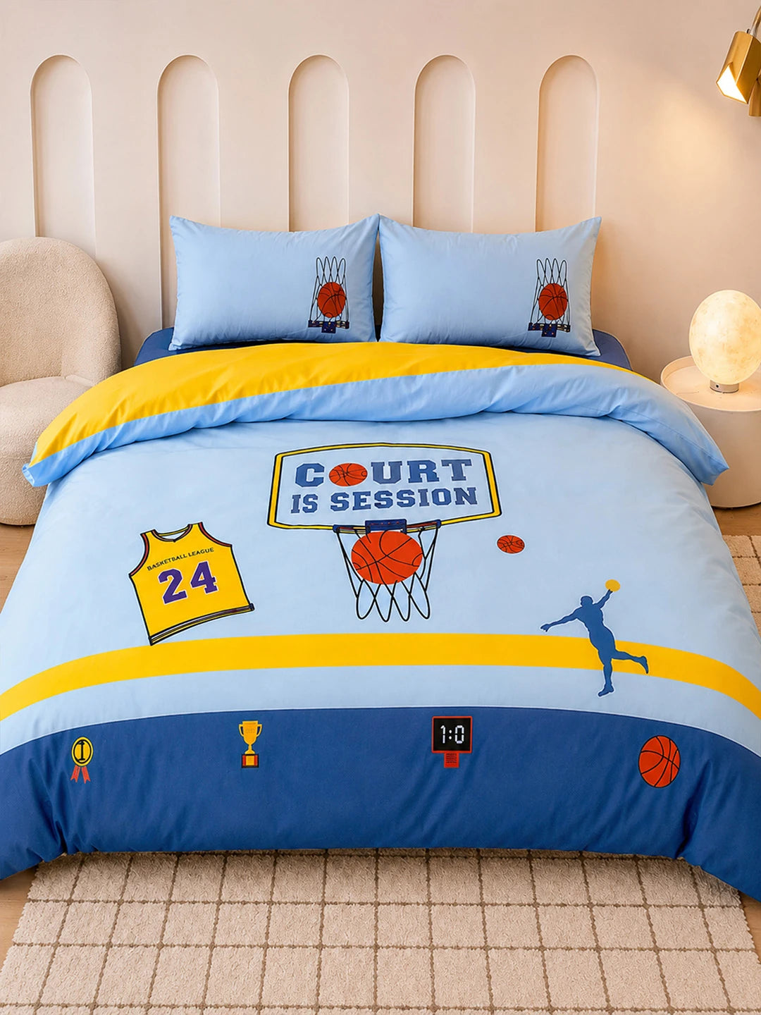 4 pcs Basket Ball Theme Luxe Embroidered collection of Double bed comforter, 1 flat bedsheet, 2 pillow covers entire Kids Bedding Set for King Size Bed.