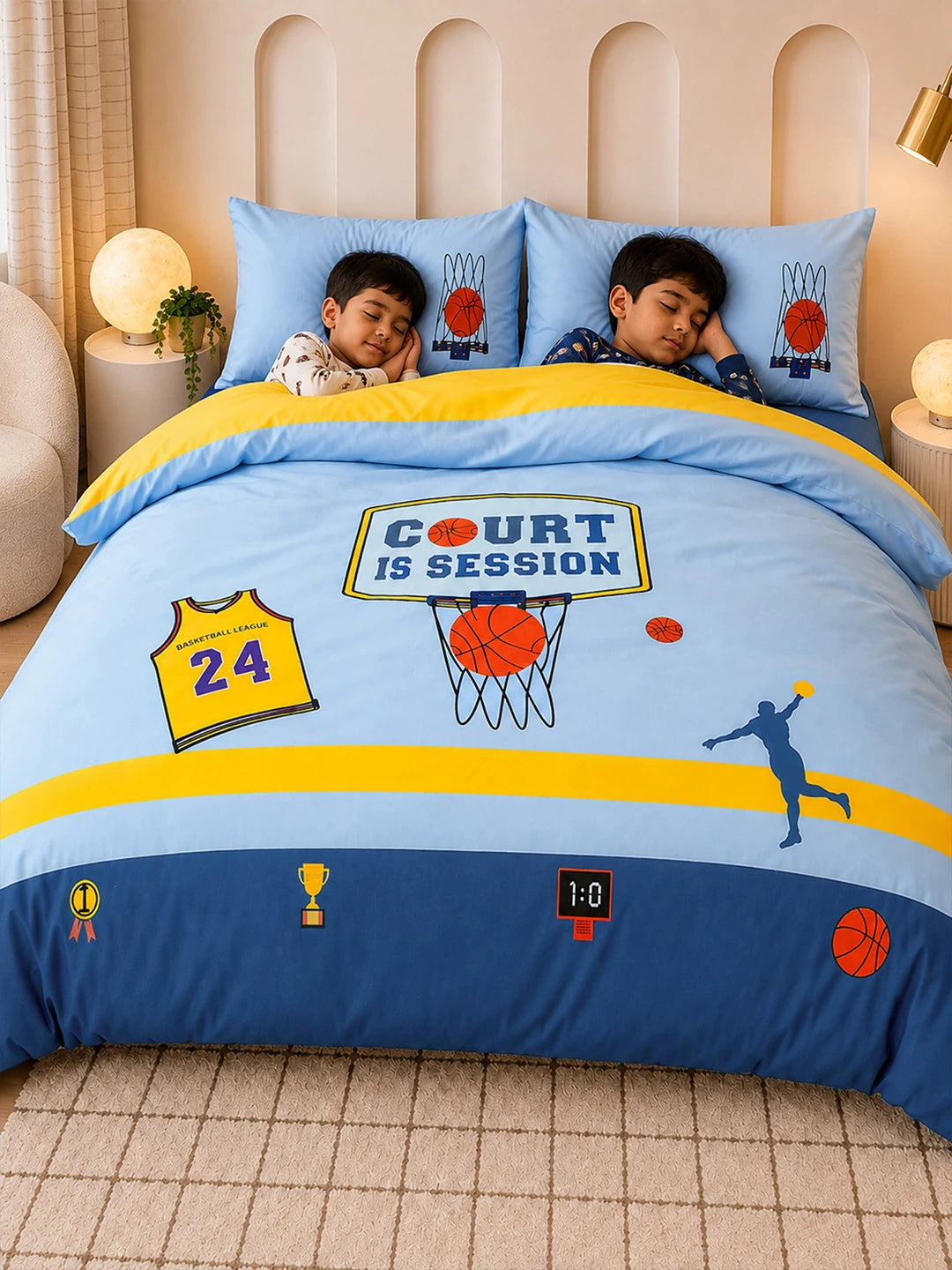 4 pcs Basket Ball Theme Luxe Embroidered collection of Double bed comforter, 1 flat bedsheet, 2 pillow covers entire Kids Bedding Set for King Size Bed.