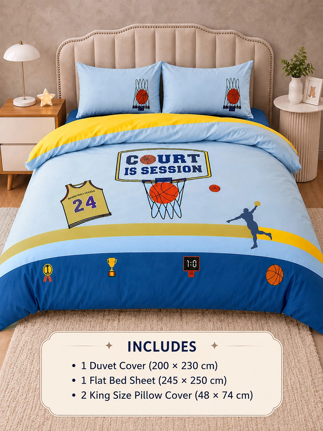 4 pcs Basket Ball Theme Luxe Embroidered collection of Double bed comforter, 1 flat bedsheet, 2 pillow covers entire Kids Bedding Set for King Size Bed.