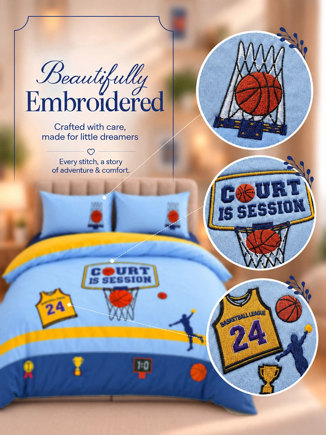 4 pcs Basket Ball Theme Luxe Embroidered collection of Double bed comforter, 1 flat bedsheet, 2 pillow covers entire Kids Bedding Set for King Size Bed.