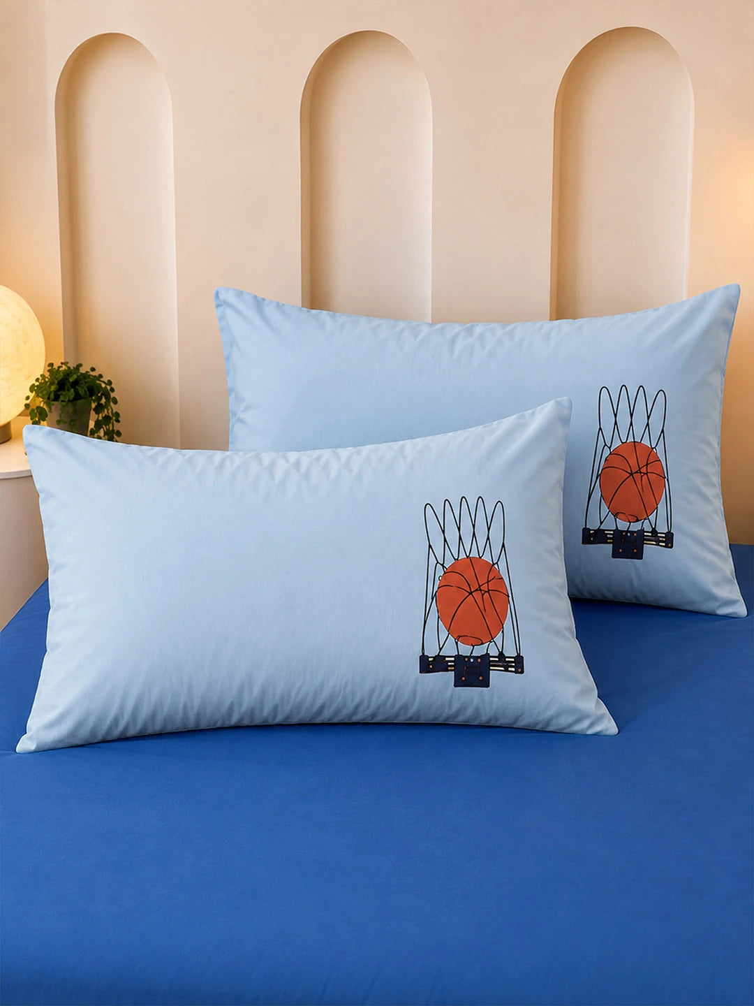 4 pcs Basket Ball Theme Luxe Embroidered collection of Double bed comforter, 1 flat bedsheet, 2 pillow covers entire Kids Bedding Set for King Size Bed.