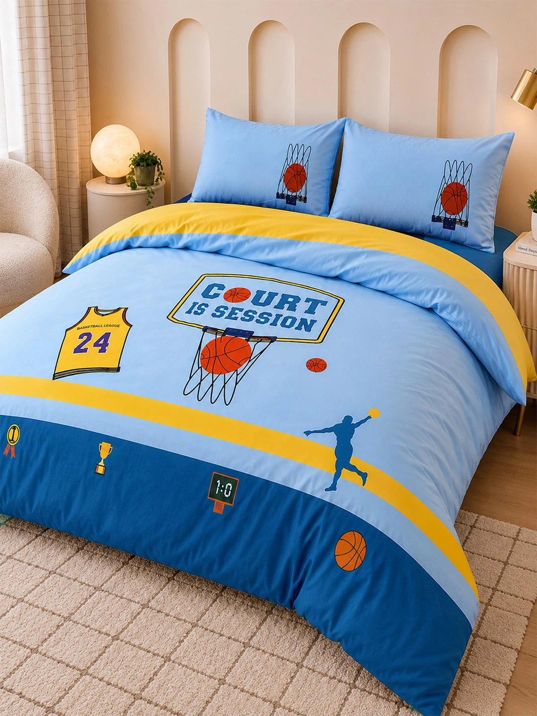 4 pcs Basket Ball Theme Luxe Embroidered collection of Double bed comforter, 1 flat bedsheet, 2 pillow covers entire Kids Bedding Set for King Size Bed.