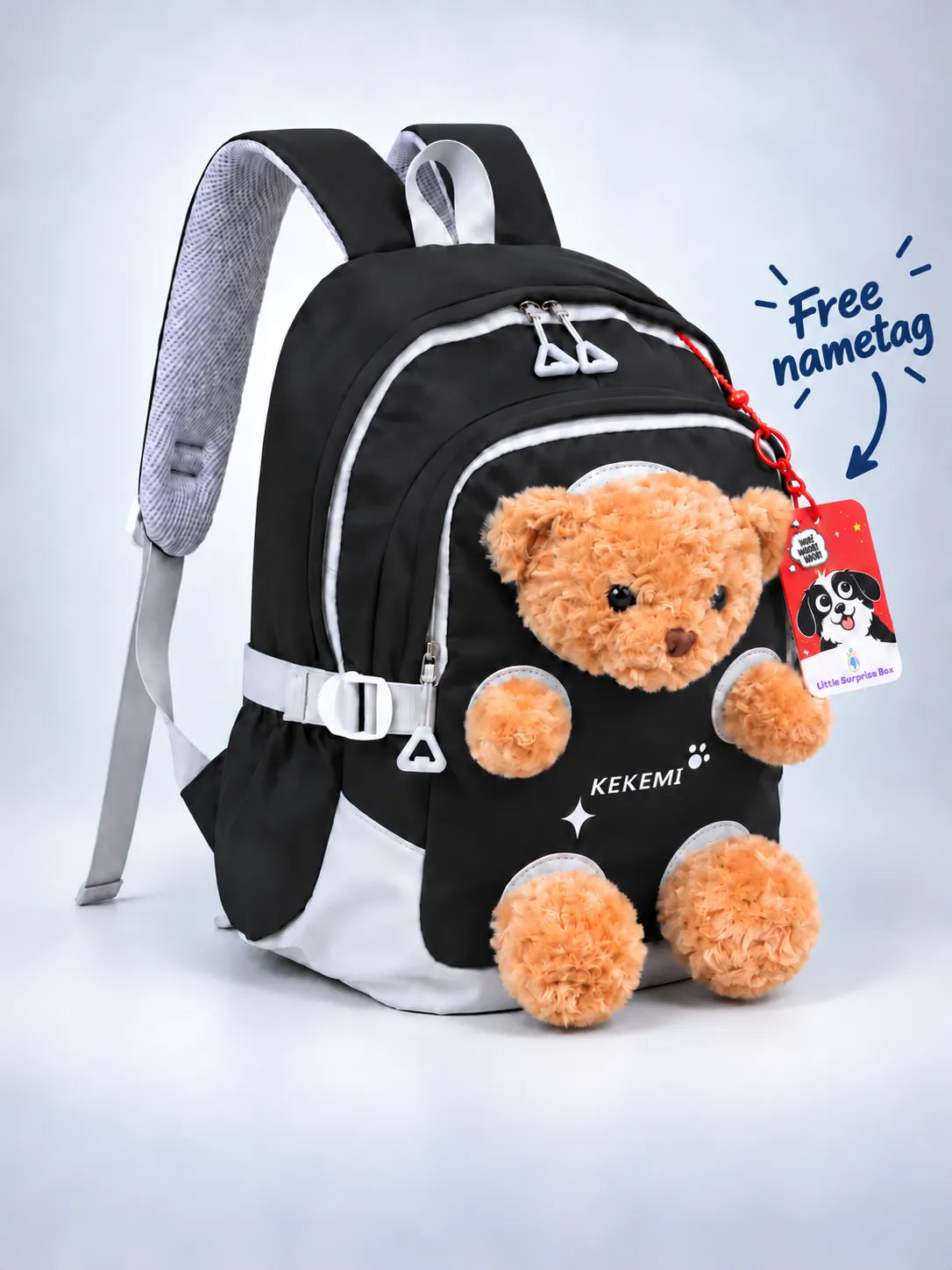 Black & Brown Teddy School & Travel Backpack  for Kids, 5yrs & above with Free Luggage Tag