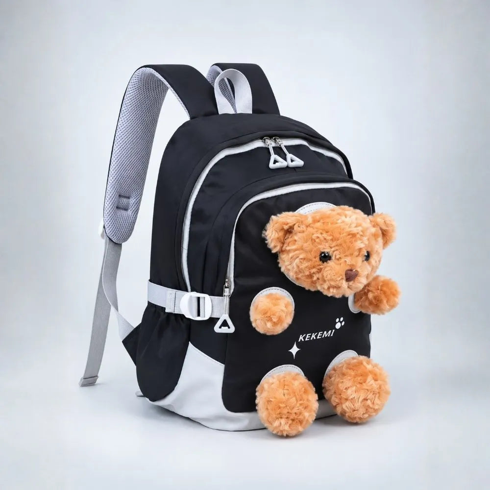 Black & Brown Teddy Tiny Toddlers Backpack with Removable Soft Toy for nursery and Playgroup