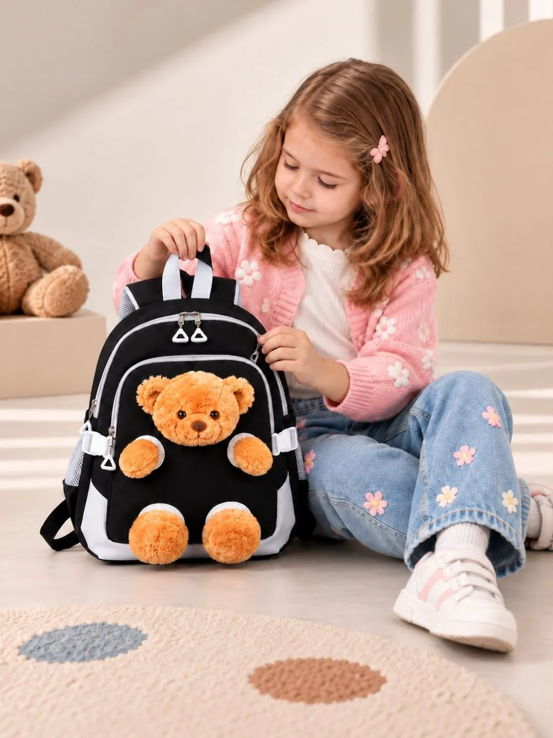 Black & Brown Teddy Tiny Toddlers Backpack with Removable Soft Toy for nursery and Playgroup