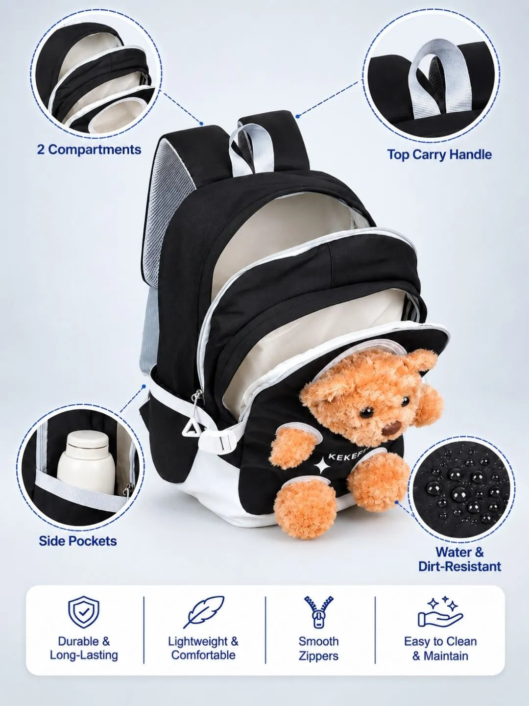 Black & Brown Teddy Tiny Toddlers Backpack with Removable Soft Toy for nursery and Playgroup